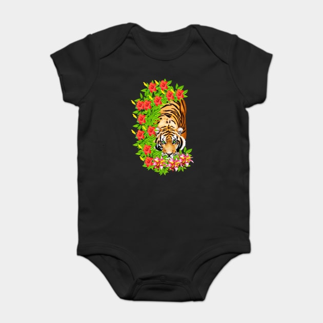 Tiger Tropical Cat Floral Palm Leaves Baby Bodysuit by logiamerch